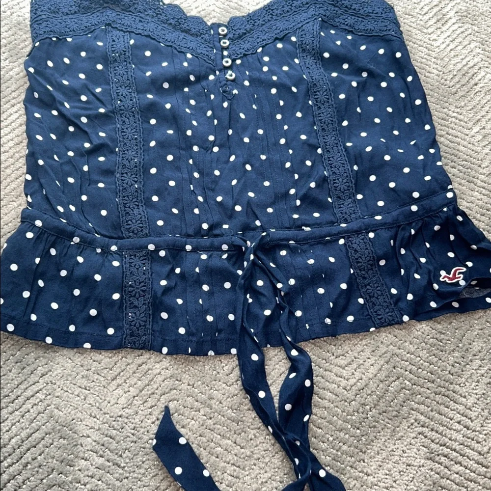 New Hollister Polka Dot Lace Cami Top Navy Blue Button Front Size Medium - Picture 6 of 10